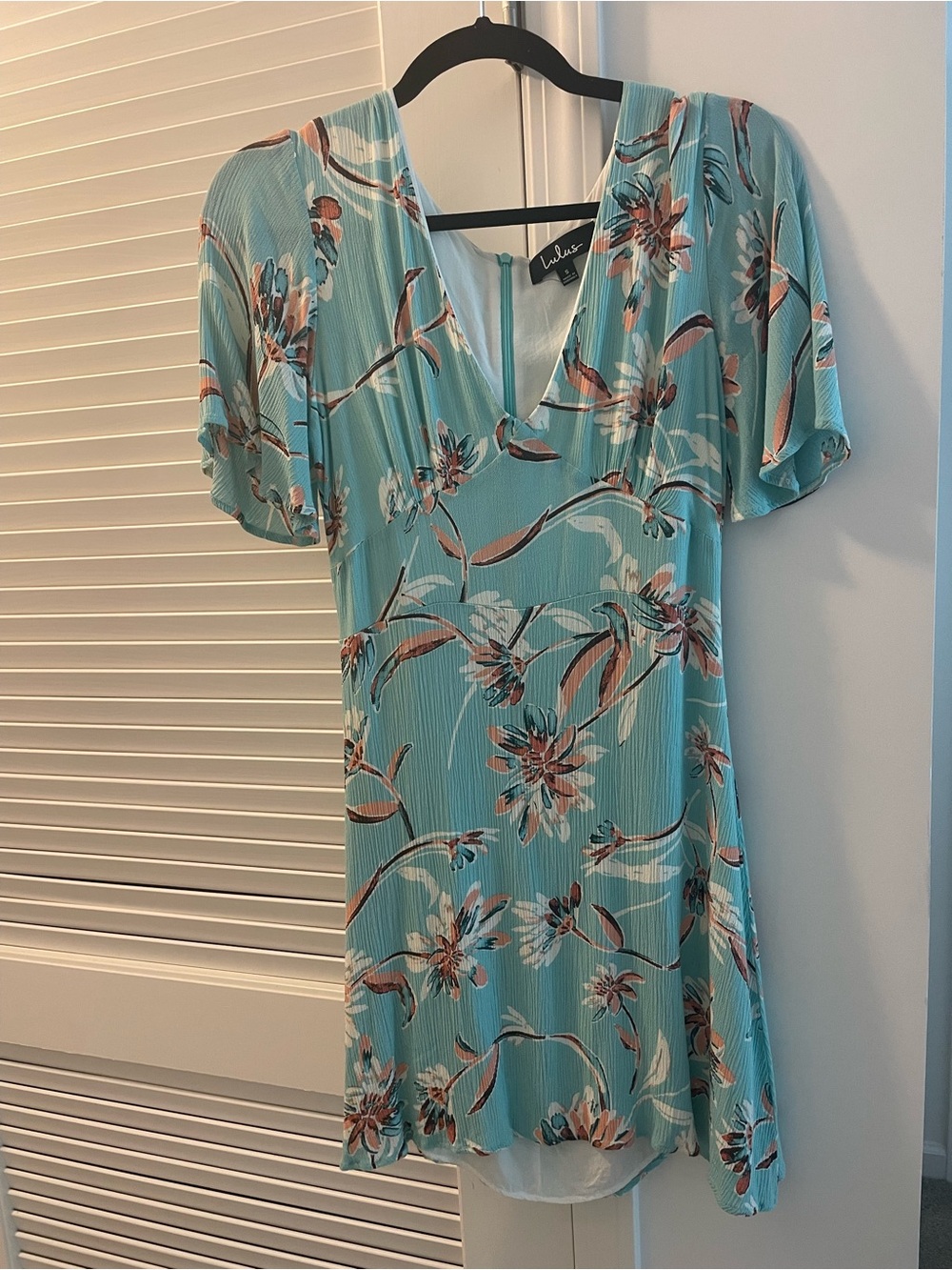 Lulu's Aqua Floral V-Neck Sundress with Coral Accents